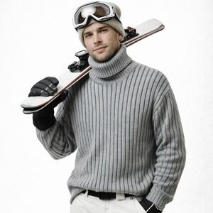 KOMAN Sport Chunky Ribbed Knit Turtleneck Sweater Sz L Gray Fisherman Apres-Ski